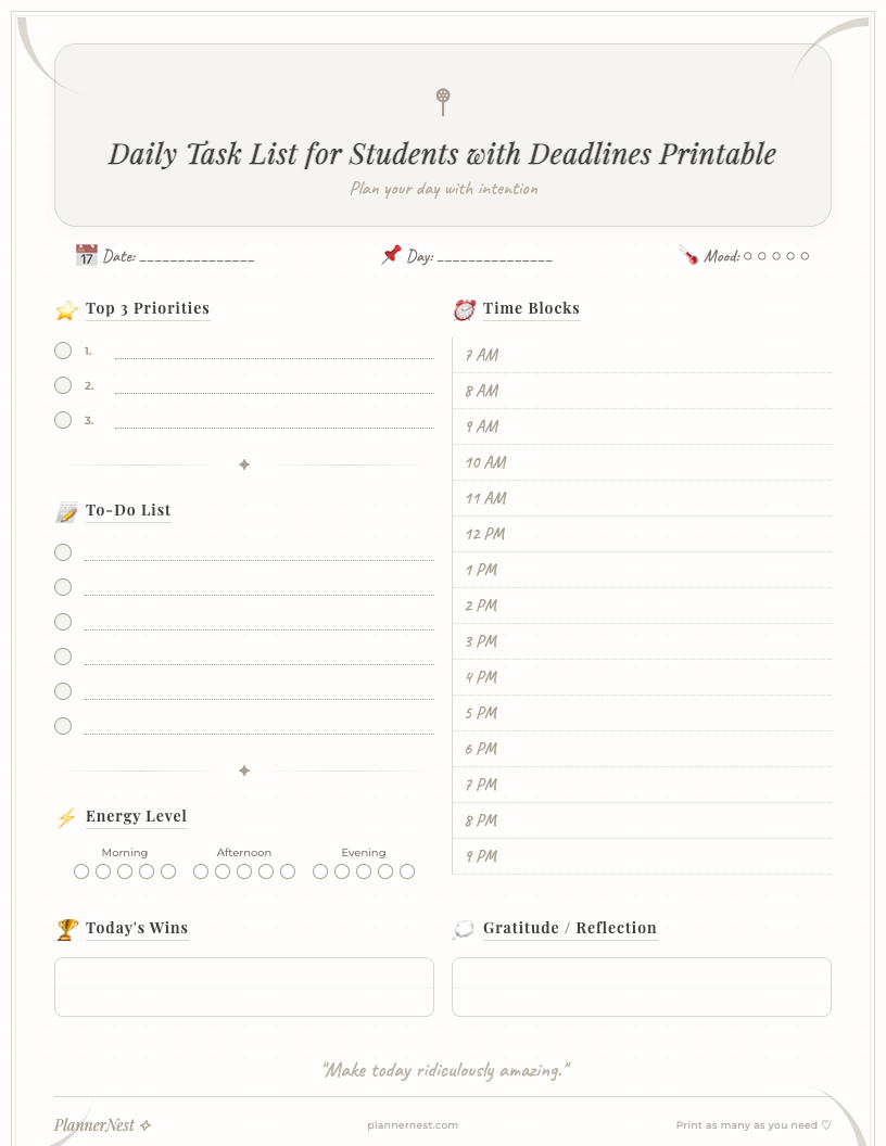 Aesthetic daily task list for students with deadlines printable in a clean, minimalist design with a light pastel color scheme. The layout features sections for tasks, deadlines, priority, subject, and checkboxes, along with a notes section, ready for PDF download.