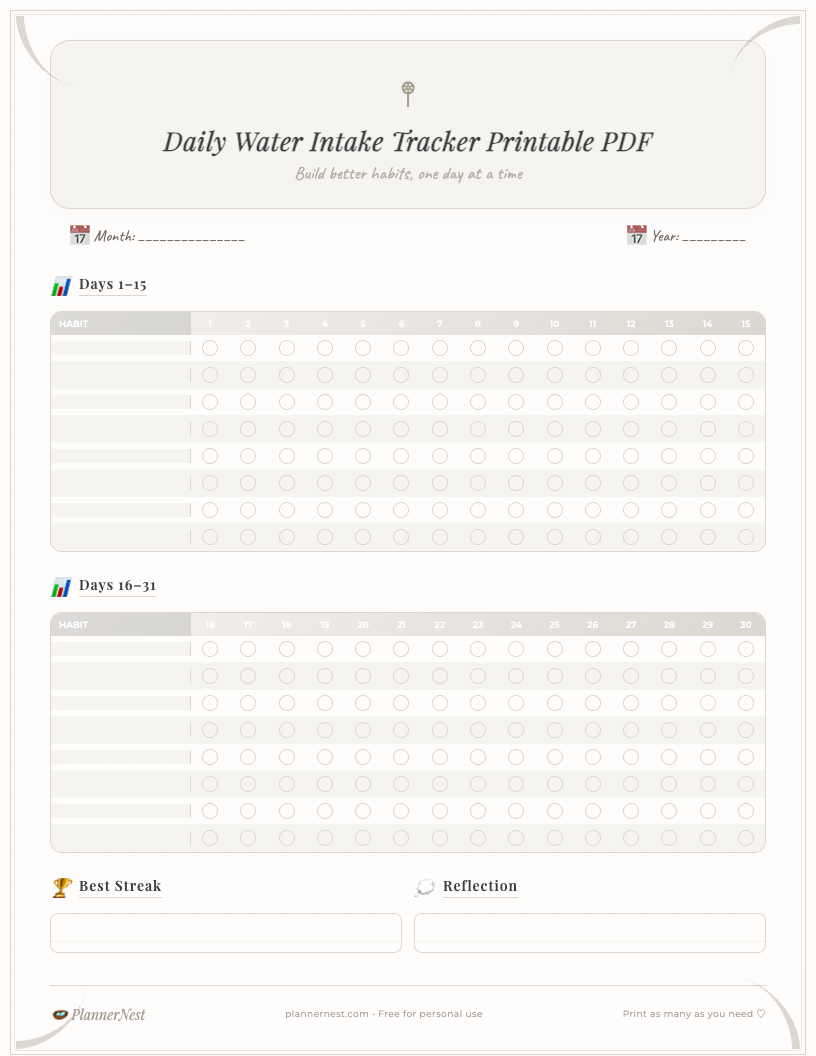 A free printable daily water intake tracker PDF with a delicate floral design, showing sections for date, daily goal, multiple water glass icons to fill in, and a small notes section, perfect for students to track hydration and boost focus.