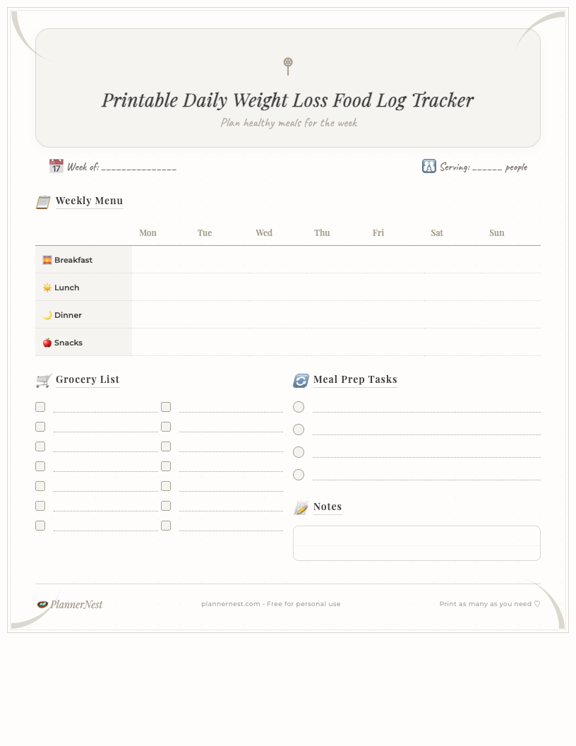 Preview image of a vintage-style printable daily weight loss food log tracker, featuring sections for date, meals (breakfast, lunch, dinner, snacks) with calorie/macro input, water intake, exercise log, mood, and reflections, all designed with elegant classic fonts and delicate border motifs.