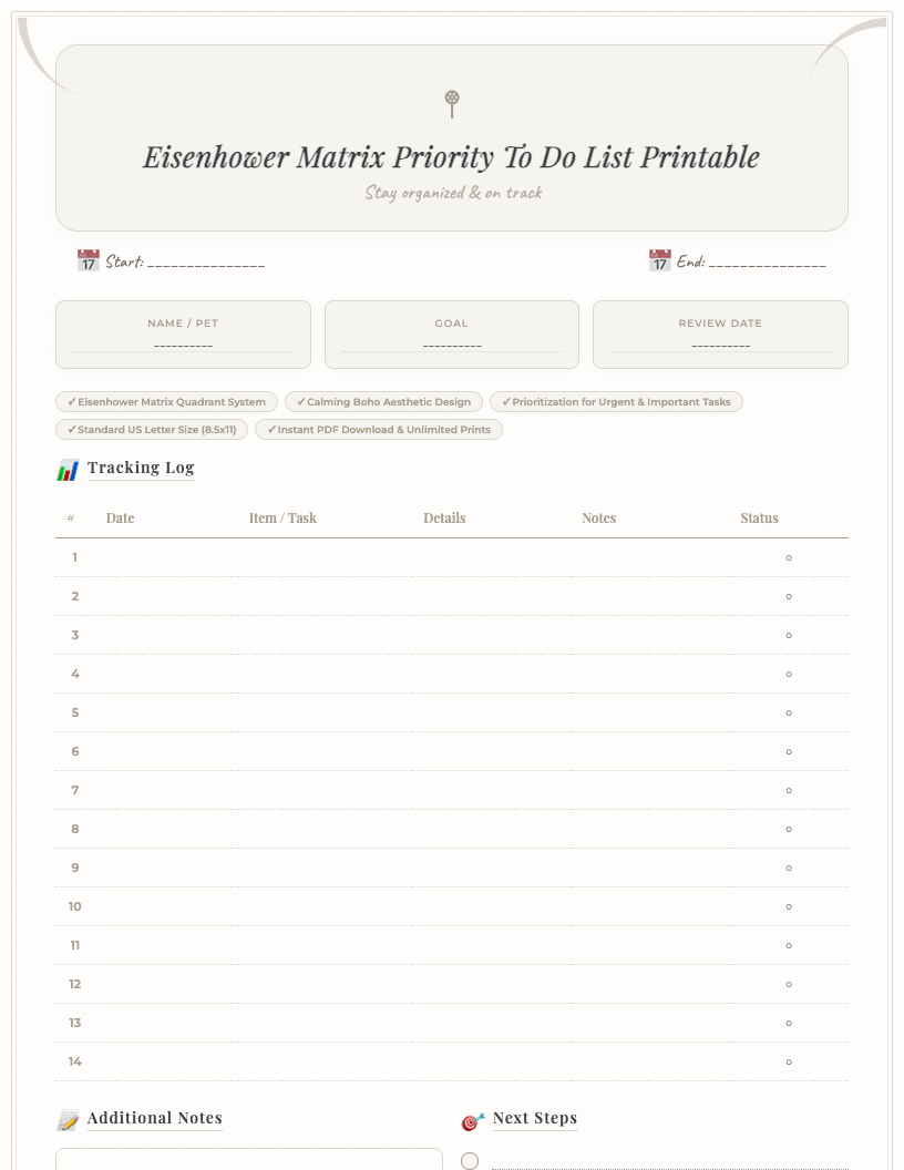 Boho-style Eisenhower Matrix Priority To Do List printable PDF showing four quadrants (Do First, Schedule, Delegate, Eliminate) with earthy tones, floral accents, and lines for task entry, ready for download.
