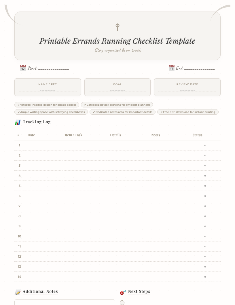 Preview image of a vintage-style errands running checklist printable template, featuring categorized sections for 'To Do', 'Groceries', 'Home', and 'Miscellaneous' with checkboxes, ample writing space, and a dedicated notes section, all on an aged paper background with classic fonts.
