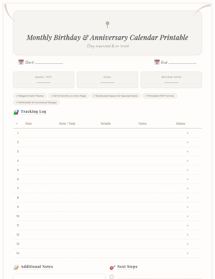 Dark-themed monthly birthday and anniversary calendar printable showing all 12 months on a single page, with dedicated space for writing dates, featuring an elegant minimalist design for tracking special occasions.