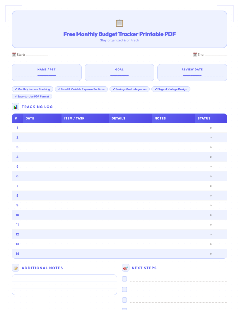 A charming vintage-style free monthly budget planner printable PDF, featuring elegant script fonts, floral accents, and clear sections for income, fixed expenses, variable expenses, and savings goals.