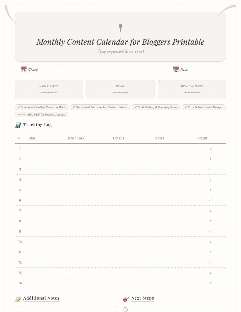 Cute pastel-themed free printable monthly content calendar for bloggers, showing a grid layout for 31 days, sections for notes, content ideas, and goals, designed for easy planning and organization.