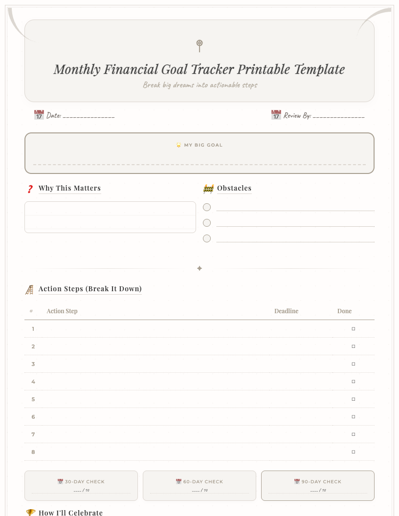 Aesthetic boho-style monthly financial goal tracker printable template, showing sections for monthly goals, income breakdown, expense categories, debt repayment, savings progress, and a monthly reflection area, designed for students.