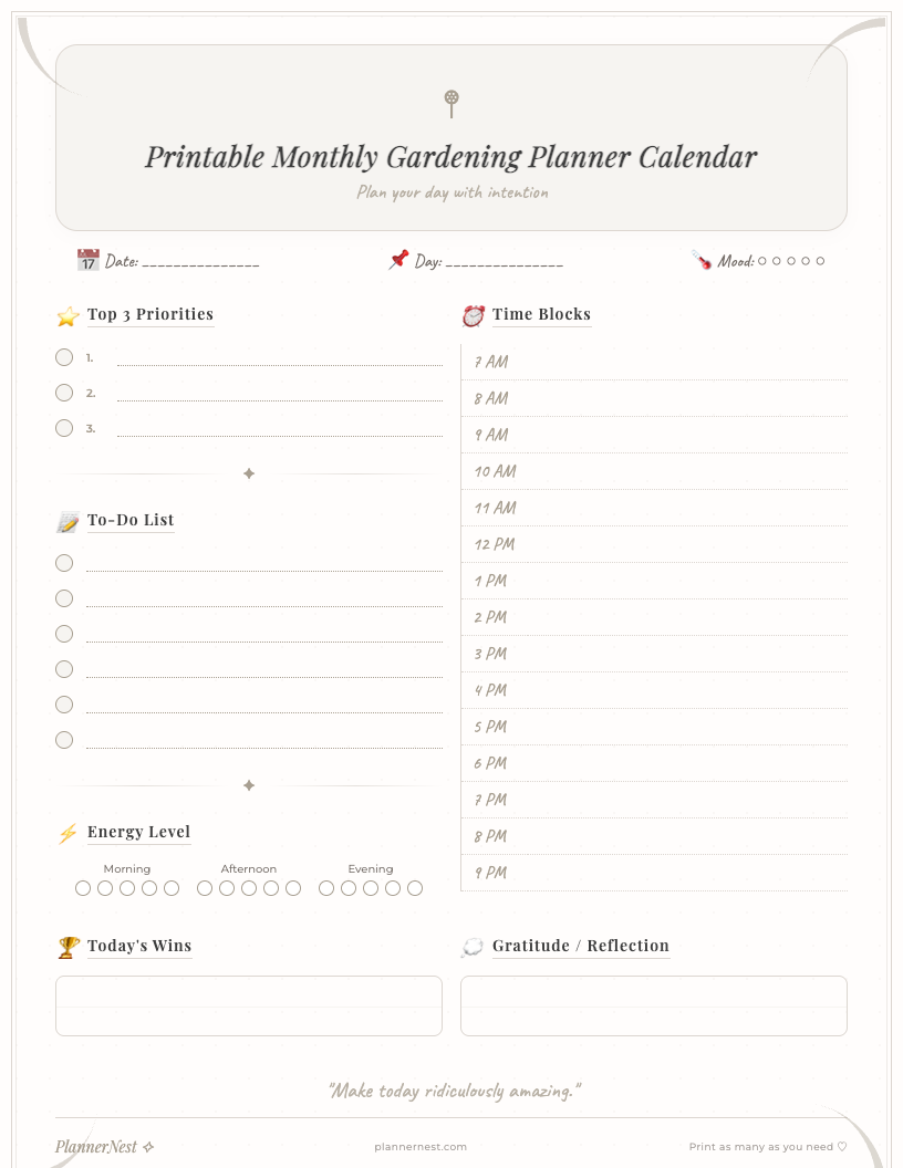 Minimalist undated monthly gardening planner calendar printable featuring a clean layout with sections for month, daily dates, monthly goals, planting/sowing tasks, watering/feeding schedule, harvest tracker, and general notes, ideal for student organization.