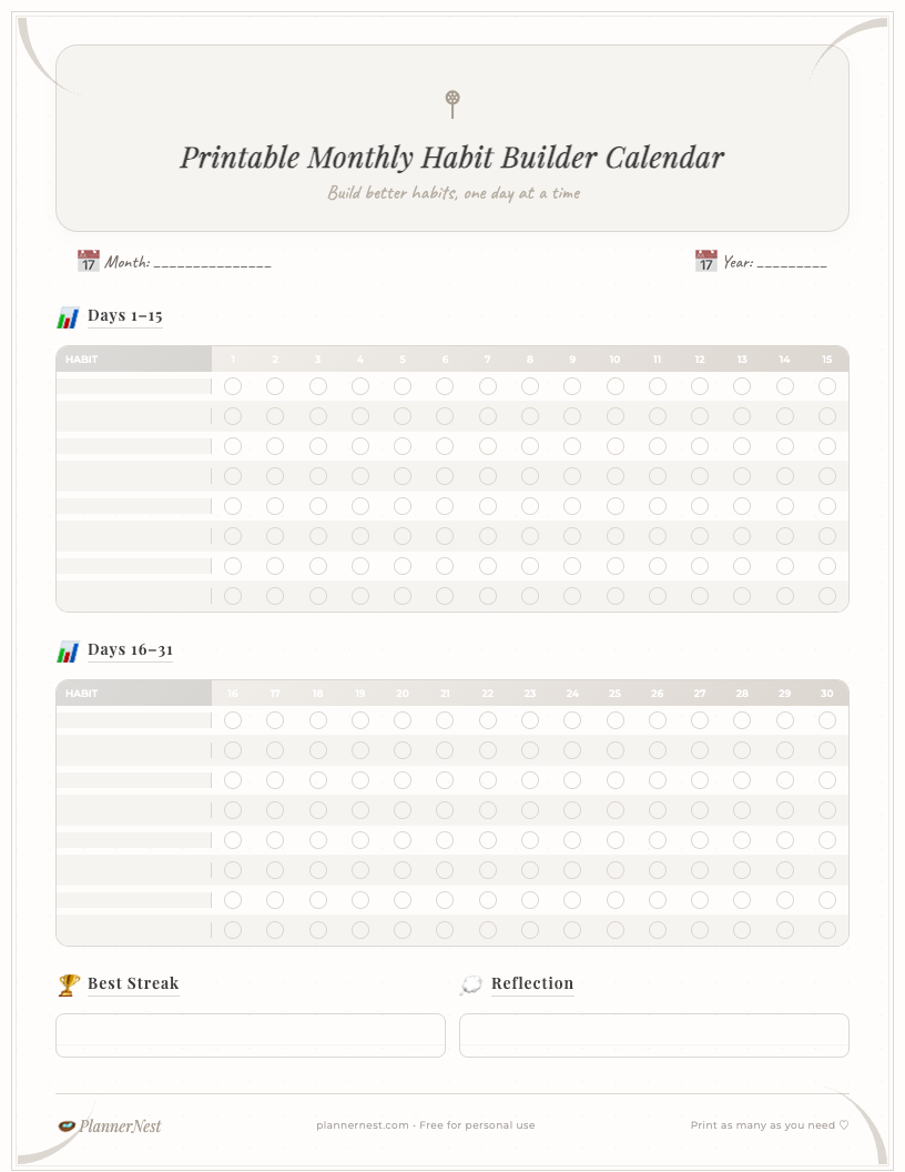 Aesthetic monthly habit builder calendar printable featuring a clean, minimalist design in neutral tones. It shows a grid for an undated month, dedicated sections for listing and tracking daily habits, a space for monthly goals, and an area for notes and reflections. Perfect for professionals.