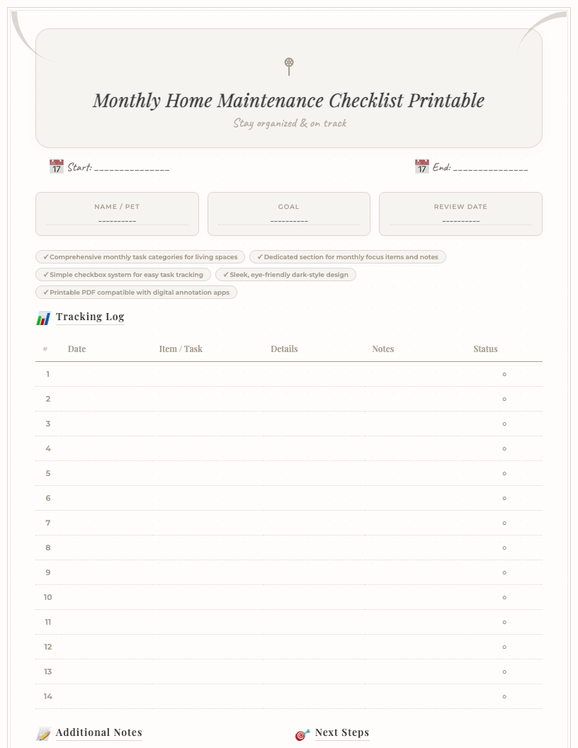 Dark-style Monthly Home Maintenance Checklist printable PDF, showing categories like 'Kitchen', 'Bathroom', 'Living Area', and 'Safety', with empty checkboxes for tasks, a 'Monthly Focus' section, and a 'Notes' area. Designed for students, featuring a clean, minimalist layout.