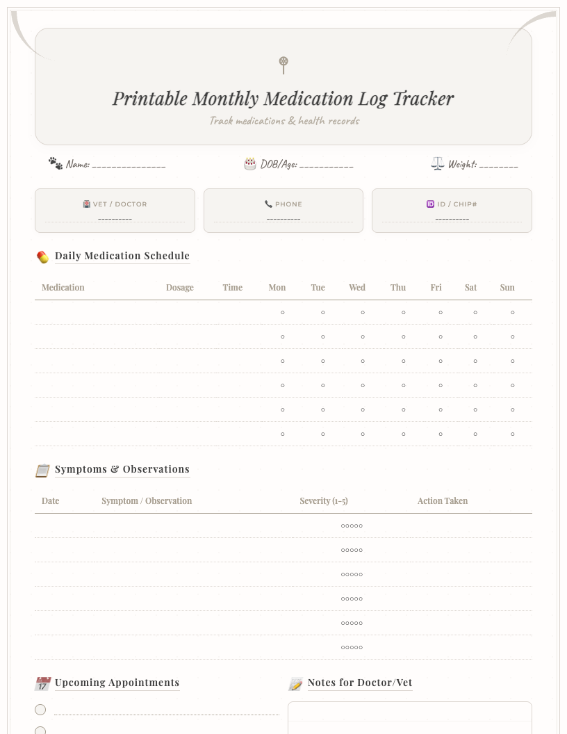 Preview of a dark-style monthly medication log printable for students, featuring columns for medication name, dosage, and daily checkboxes for each day of the month, with a notes section at the bottom. The design is sleek and modern.