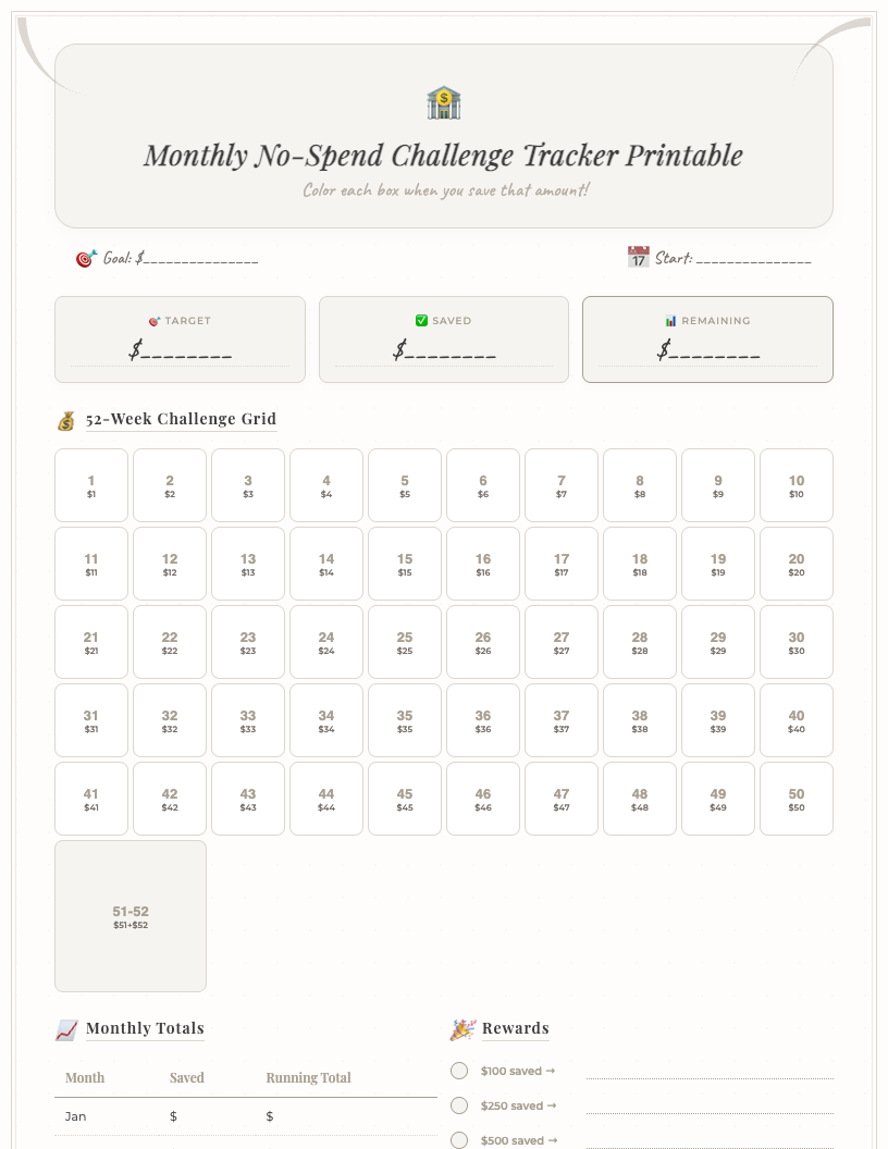 Dark-themed monthly no spend challenge tracker printable showing a calendar grid, dedicated sections for goal and reward, daily spend/no-spend tracking areas, and a notes section, designed for students to manage finances.