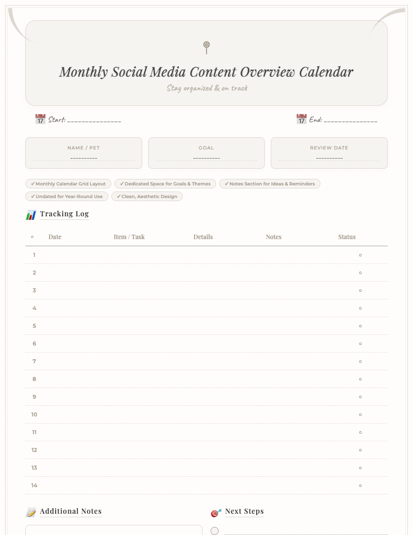 Aesthetic free printable monthly social media content overview calendar in a minimalist design, showing a grid layout for daily posts, sections for monthly goals, themes, and notes, with blank dates.