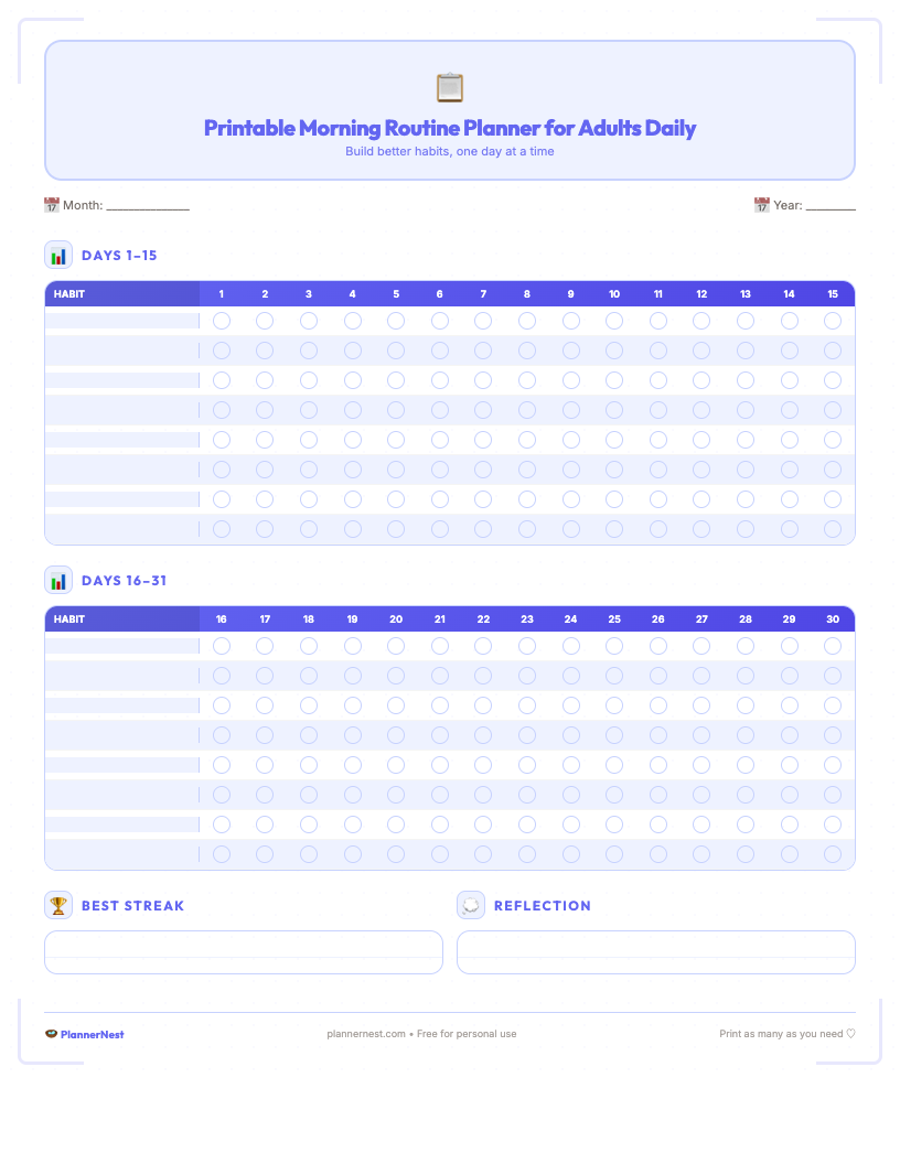 Minimalist printable morning routine planner for adults on a white background, showing sections for My Morning Plan with time blocks, Top 3 Priorities, Hydration Tracker, Daily Affirmation/Gratitude, and Notes, with a clean and simple design.