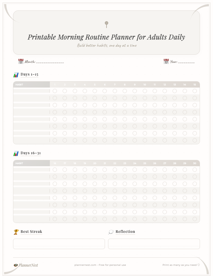 Minimalist printable morning routine planner for adults on a white background, showing sections for My Morning Plan with time blocks, Top 3 Priorities, Hydration Tracker, Daily Affirmation/Gratitude, and Notes, with a clean and simple design.