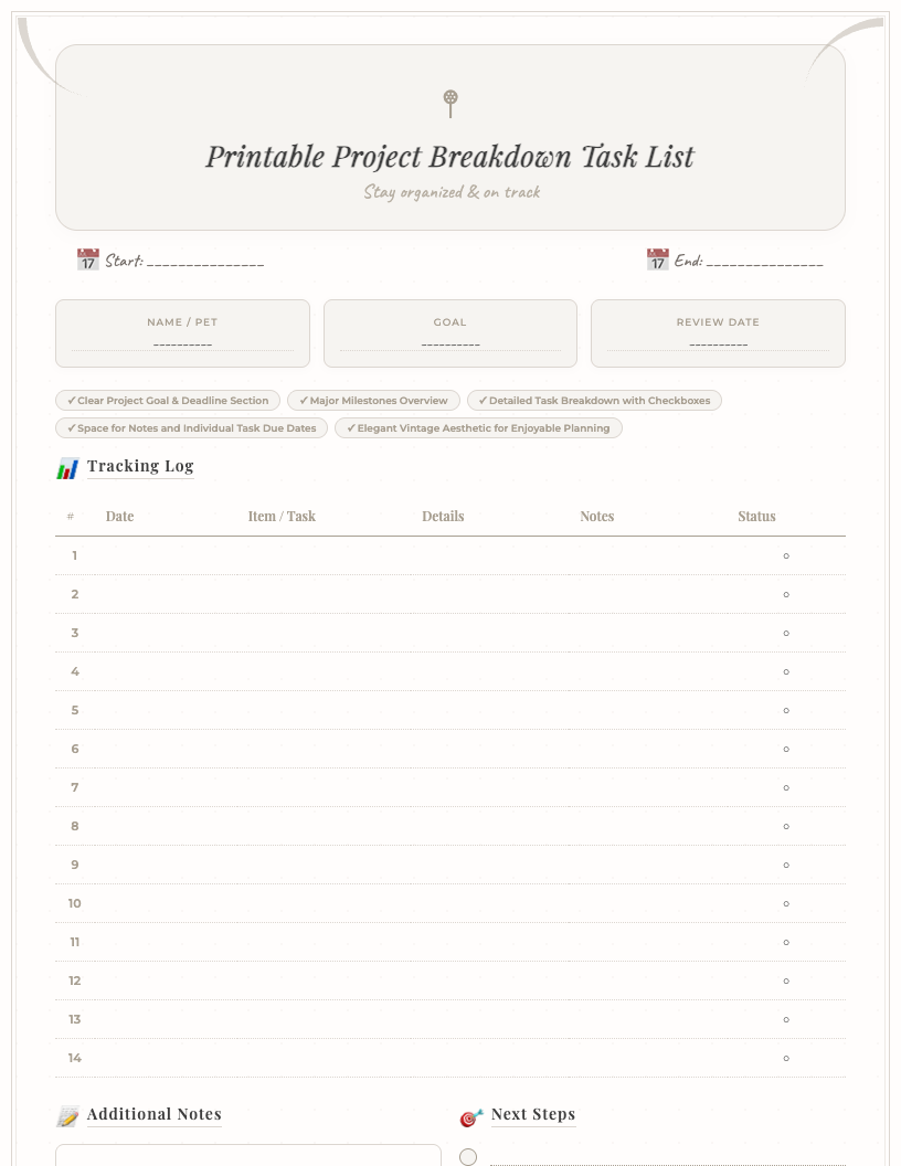 A vintage-style printable project breakdown task list PDF, featuring sections for Project Title, Deadline, Overall Goal, Major Milestones, and a detailed Task Breakdown with checkboxes, due dates, and a notes column, all framed by an elegant border.