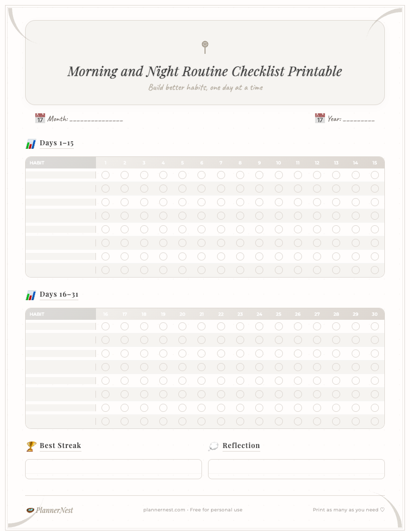 Free printable morning and night routine checklist in a beautiful floral design, showing dedicated sections for morning and evening tasks with blank lines for customization, standard US Letter size.