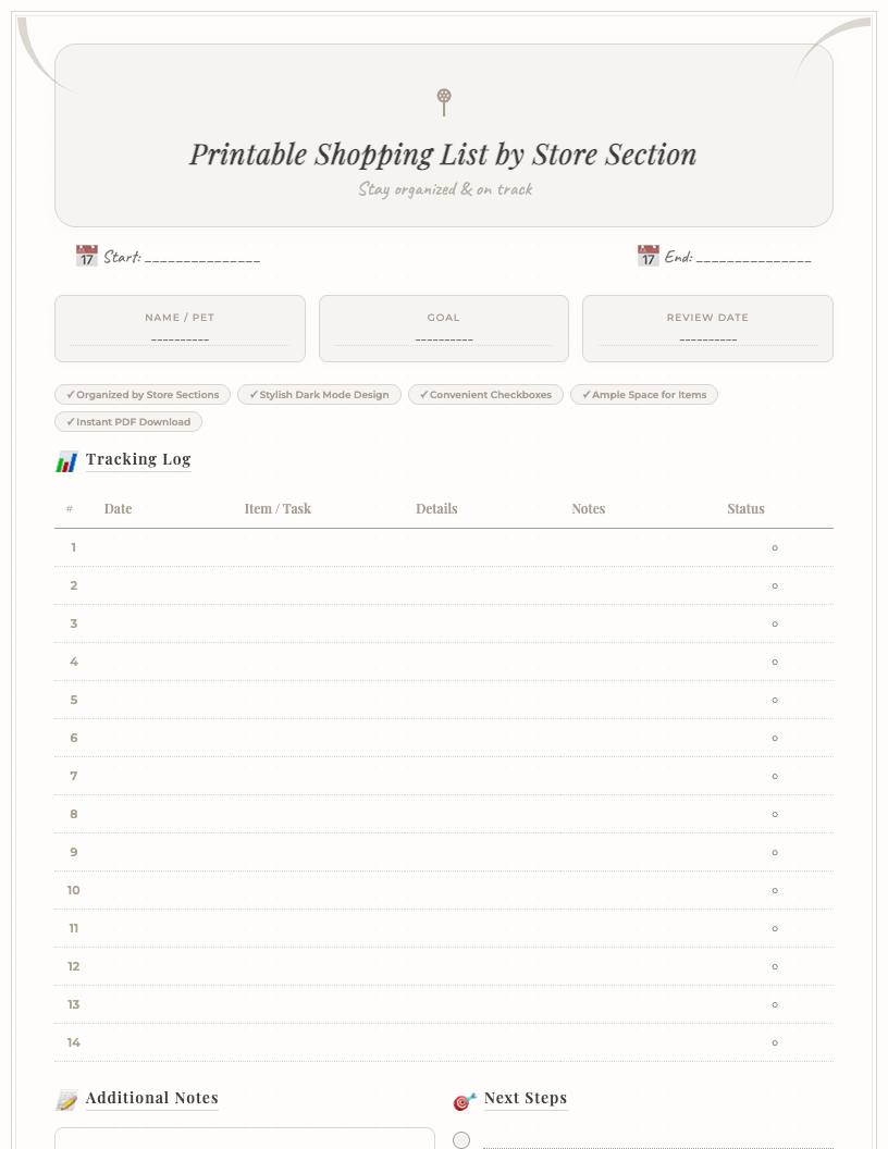 Dark-themed free printable shopping list organized by essential store sections like Produce, Dairy, Bakery, and Pantry. Features checkboxes and ample writing lines for each item, designed for efficient grocery planning.