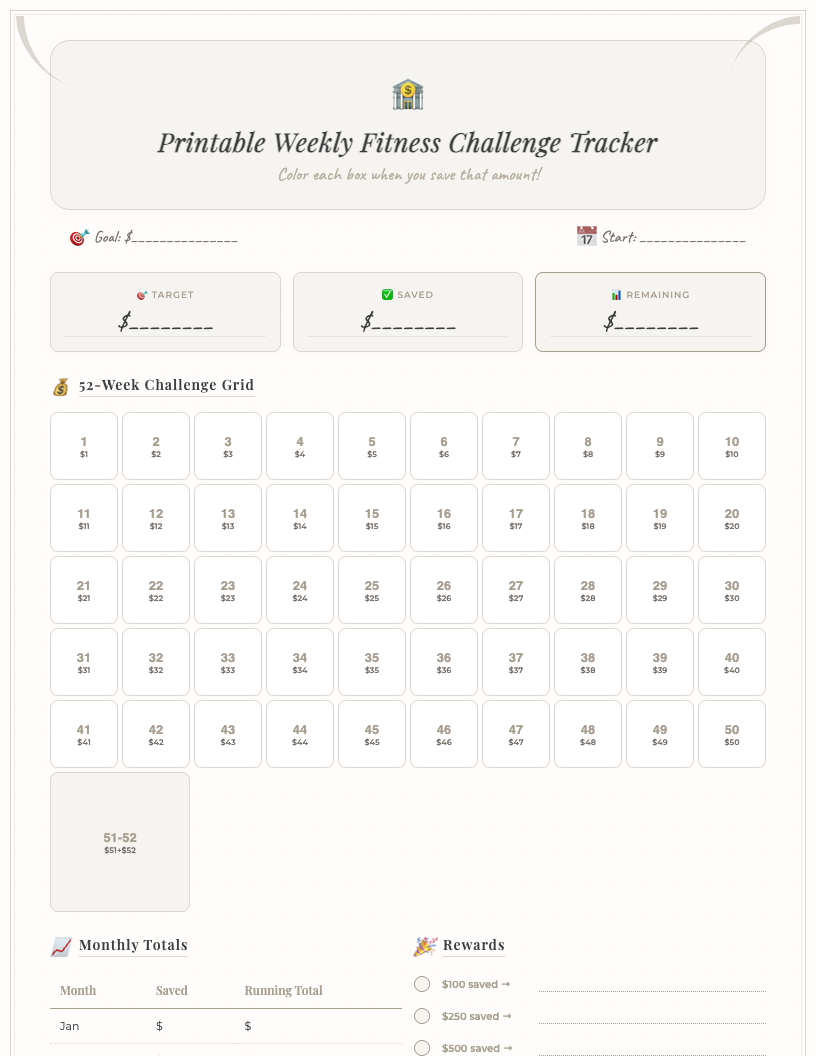 A professional dark-themed weekly fitness challenge tracker printable, showing sections for each day of the week, workout plans, challenge tracking checkboxes, and a motivational notes area. The design is sleek and minimalist.