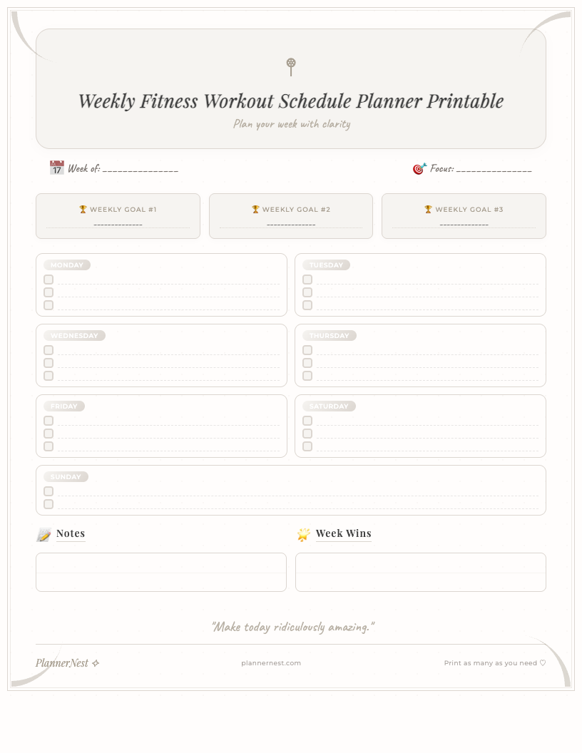 Vintage-style weekly fitness workout schedule planner printable showing a blank weekly layout with sections for days, workout types, sets, reps, and notes, featuring classic typography and subtle borders.