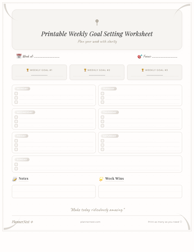 A beautifully designed aesthetic weekly goal setting worksheet printable with sections for top priorities, weekly goals, action steps, key deadlines, and notes. Clean layout with light accents, suitable for professionals.