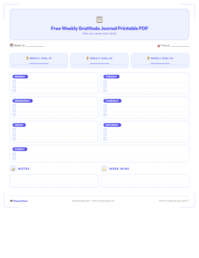 Preview of the free weekly gratitude journal printable PDF, showing a clean, aesthetic design with distinct sections for 'Grateful This Week', 'Weekly Wins', and 'Looking Forward To', set on a light background.