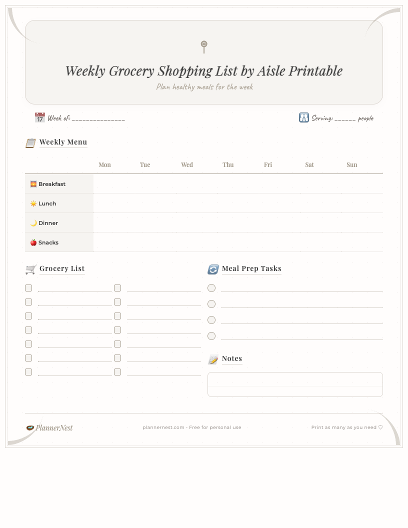 A dark-themed free printable weekly grocery shopping list by aisle, showing neatly organized sections like Produce, Dairy, Pantry, with lines for items and a column for quantity/notes.