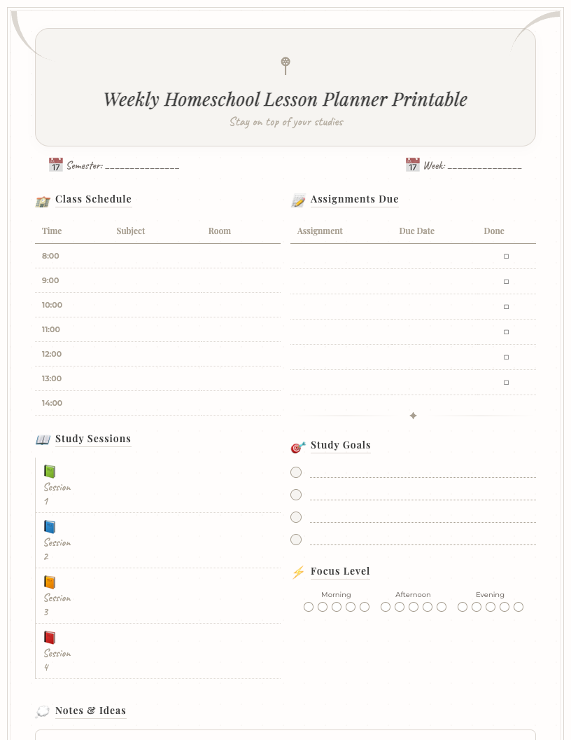 Preview of a clean, minimalist weekly homeschool lesson planner printable showing days of the week, subject lines, assignment areas, and a notes section. The planner is undated and designed for easy organization.