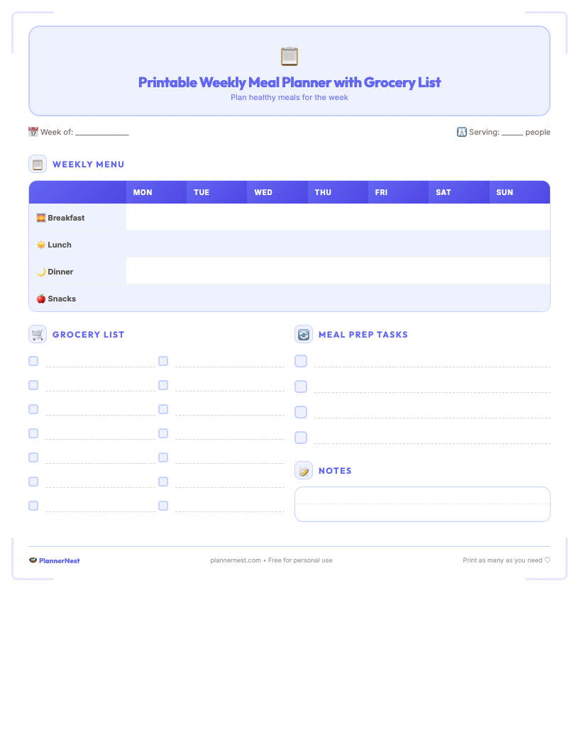 A clean and minimalist printable weekly meal planner with a dedicated grocery list section, showing empty spaces for daily meals (breakfast, lunch, dinner, snacks) and items to buy, designed for easy organization.