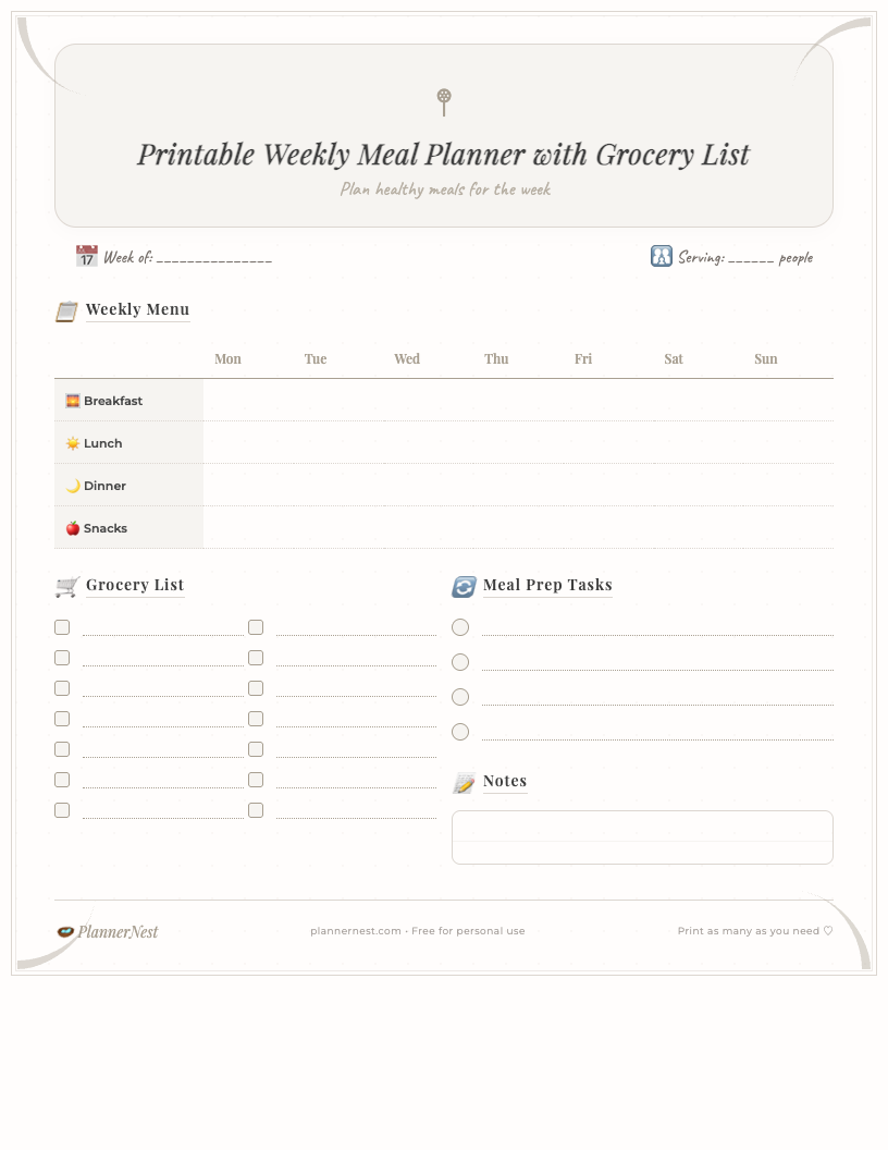A clean and minimalist printable weekly meal planner with a dedicated grocery list section, showing empty spaces for daily meals (breakfast, lunch, dinner, snacks) and items to buy, designed for easy organization.