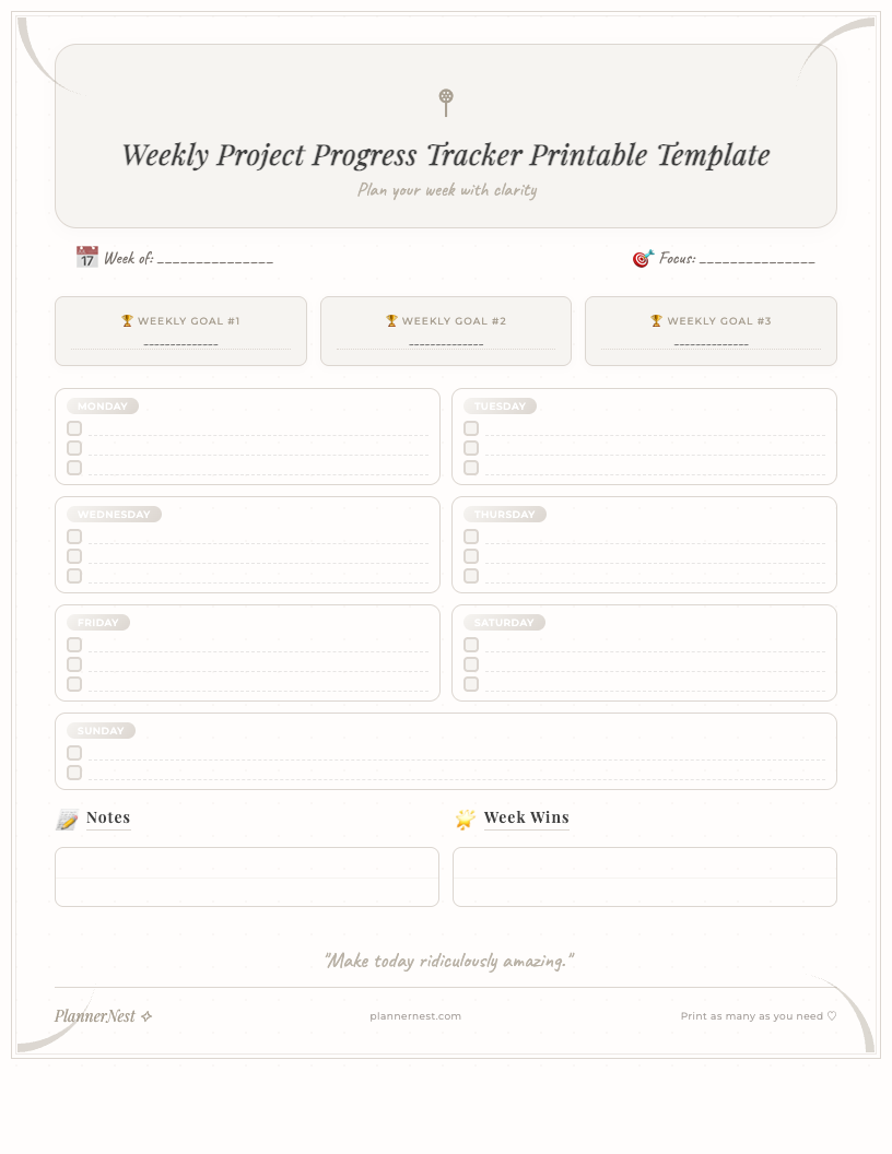 Aesthetic weekly project progress tracker printable showing sections for weekly focus, dates, project tasks with status and due dates, a progress tracking grid, milestones, and notes, all in a clean, professional layout.