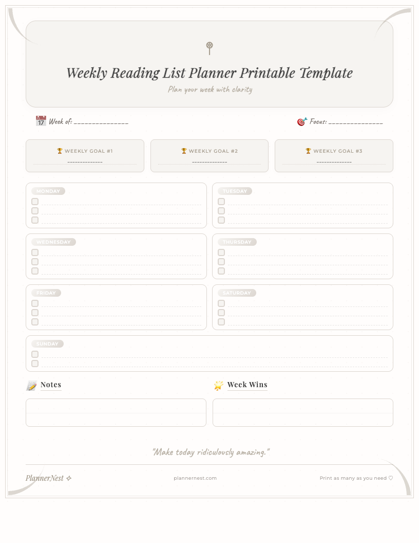 Preview of a beautifully designed floral weekly reading list planner printable template. Shows sections for 'Week Of', 'Books to Read', 'Articles/Research', 'Goals', and 'Notes' with delicate botanical accents.