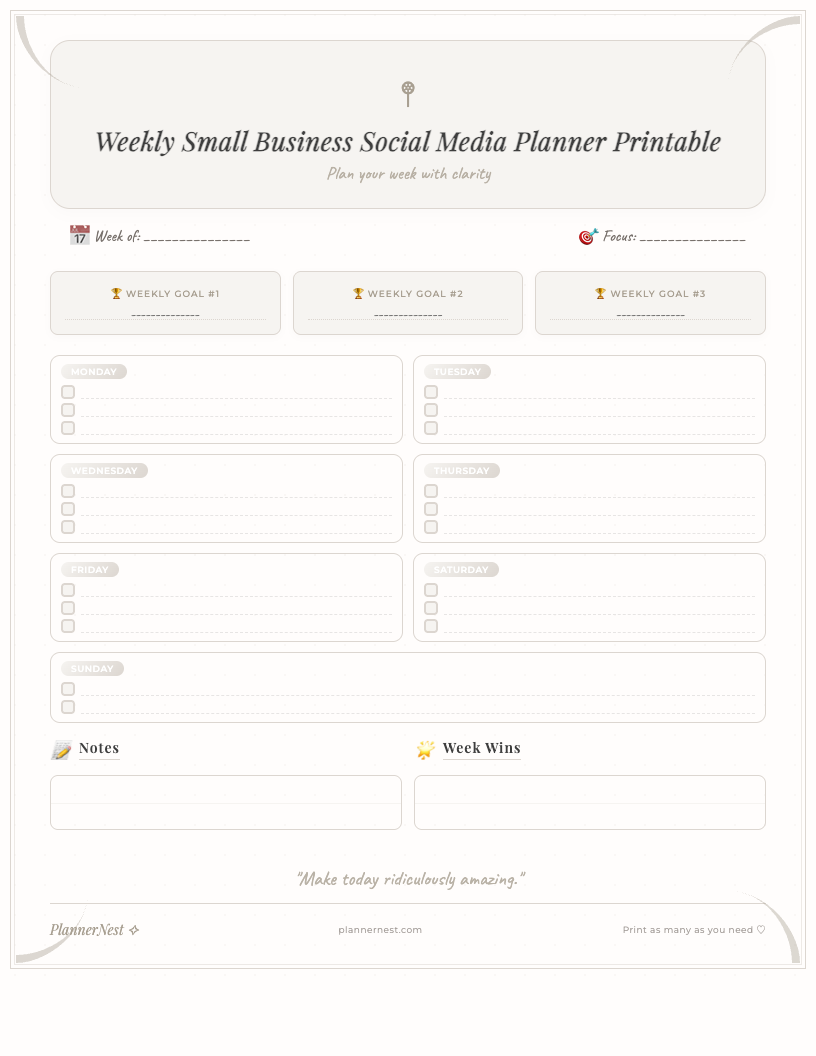 Preview of a beautifully designed floral weekly small business social media planner printable PDF, showing sections for daily content planning, content ideas, engagement tracking, and weekly goals, all adorned with colorful botanical illustrations.