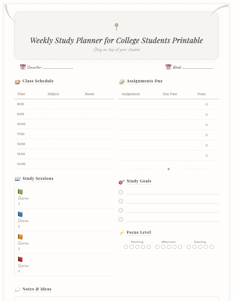 Clean minimalist weekly study planner for college students printable PDF. Features sections for days of the week (Monday to Sunday), dedicated areas for courses, assignments with due dates, weekly goals, and a notes section. The design is black and white with clear, easy-to-read headings and ample writing space.