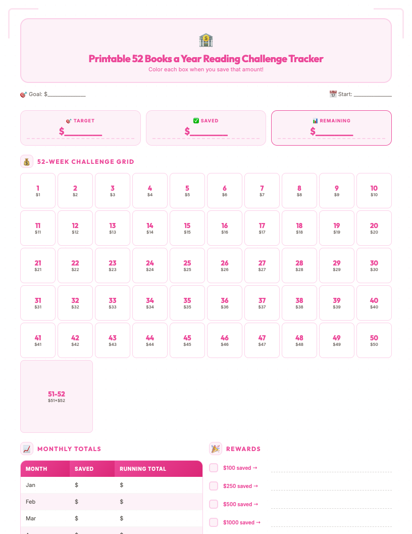 A clean, aesthetic printable 52 books a year reading challenge tracker PDF featuring 52 numbered lines, each with fields for book title, author, start date, end date, and a five-star rating system. The design is minimalist with gentle colors, making it visually appealing and easy to use for tracking reading progress, especially for individuals with ADHD.