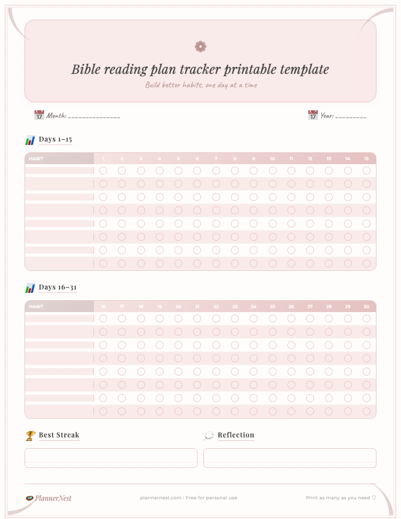 Preview image of a free printable bible reading plan tracker template with an elegant, watercolor floral design. It features columns for date, book, chapter, a notes/reflection section, and a checkbox for completed readings, all on a clean white background.
