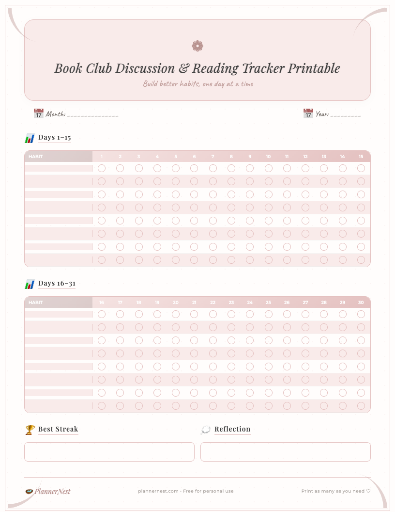 Preview image of a free printable book club discussion tracker with a floral design. It shows sections for book details, discussion questions, character analysis, reading progress, and notes, all laid out on a clean, organized page.