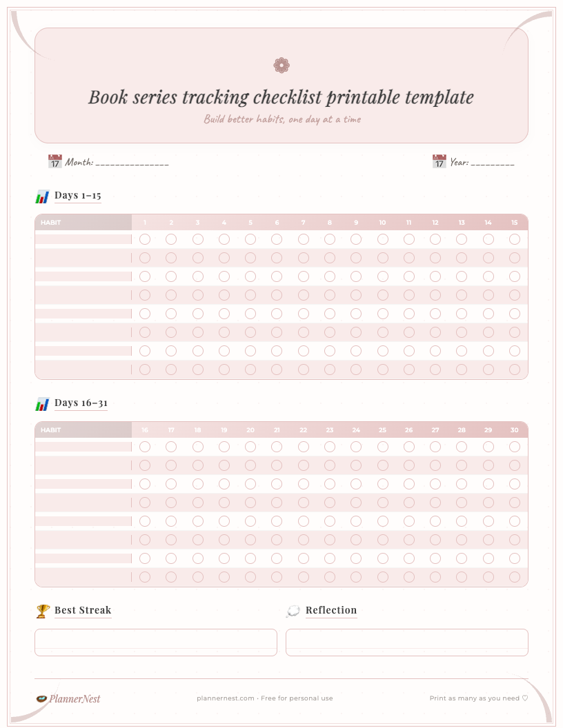 Vintage-style book series tracking checklist printable template showing sections for series name, author, individual book titles, read date, star rating, and completion checkboxes, all set against an aged paper background with decorative border.