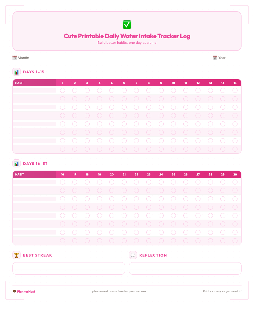 Cute printable daily water intake tracker log showing a colorful layout with water droplet icons, a goal-setting section, a daily checklist, and space for notes, featuring a fun, whimsical design suitable for ADHD users.