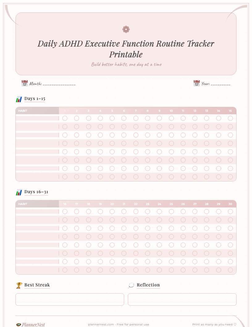 Cute daily ADHD executive function routine tracker free printable PDF for students, showing sections for daily schedule, top priorities, to-do list, water, movement, and notes, with colorful, friendly design elements.
