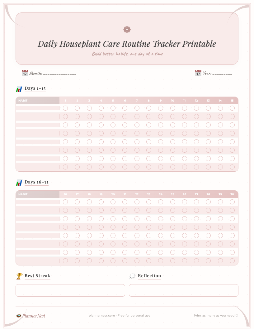 Preview image of a free printable daily houseplant care routine tracker with a vibrant floral design. It features clear sections for date, plant name, daily tasks like watering, misting, fertilizing, rotating, and light checks, along with a dedicated notes area and checkboxes for completion.