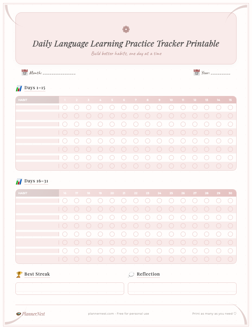 Cute daily language learning practice tracker printable PDF featuring sections for date, specific language, daily tasks (listening, speaking, reading, writing, grammar, vocabulary) with checkboxes, duration tracking, a notes section, and a 'Today's Goal/Reward' area, all presented with a clean, colorful, and ADHD-friendly design.