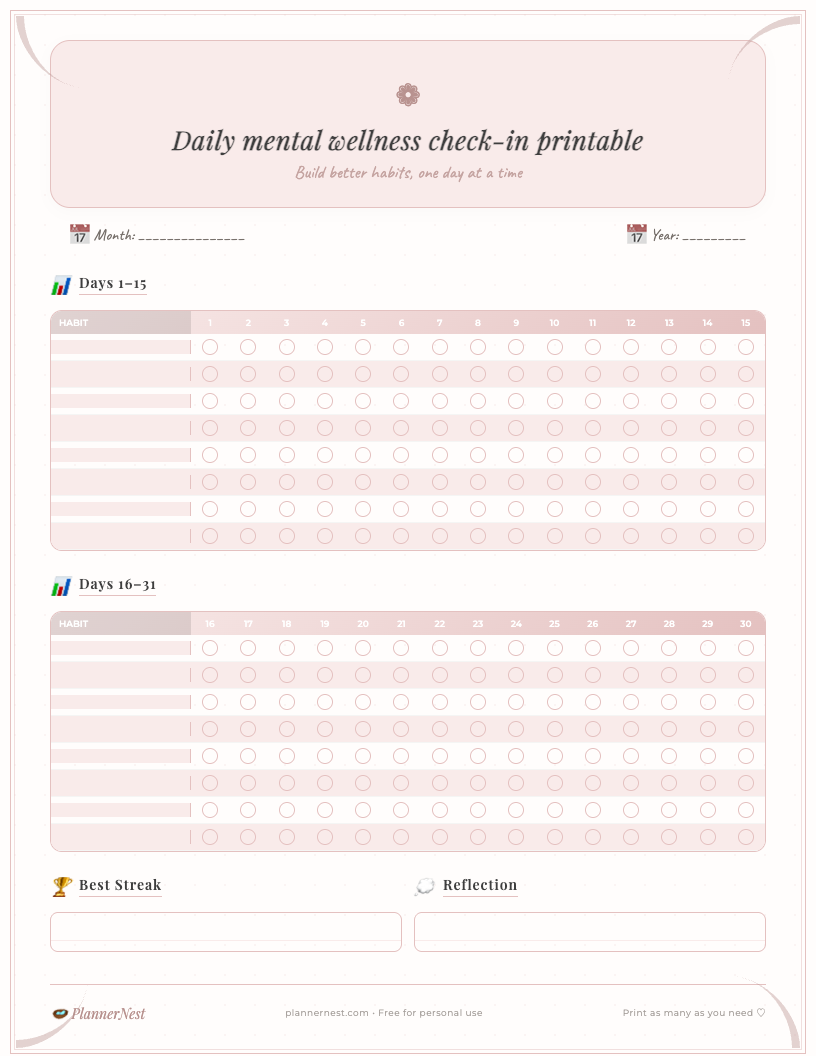 Cute daily mental wellness check-in printable PDF featuring sections for mood, energy, intentions, gratitude, and self-care in a playful, structured layout, designed for ADHD users.