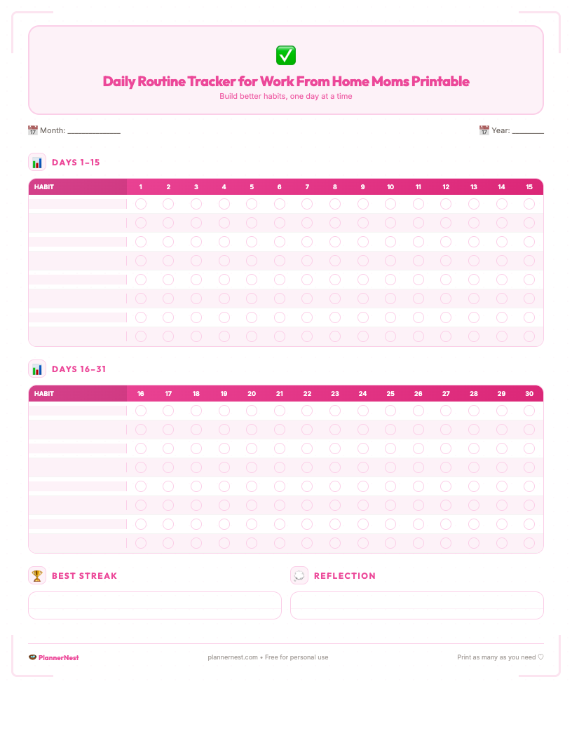A dark-themed printable daily routine tracker template for work from home moms, featuring sections for hourly timed tasks, top priorities, a comprehensive to-do list, self-care reminders, and notes. The clean, organized layout is ideal for scheduling a productive and balanced day.