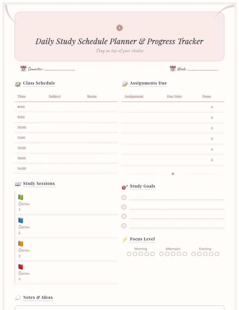 Aesthetic free printable daily study schedule planner PDF template. Features hourly schedule, top priorities, to-do list, study progress tracker, notes, and hydration icons in a minimalist design.