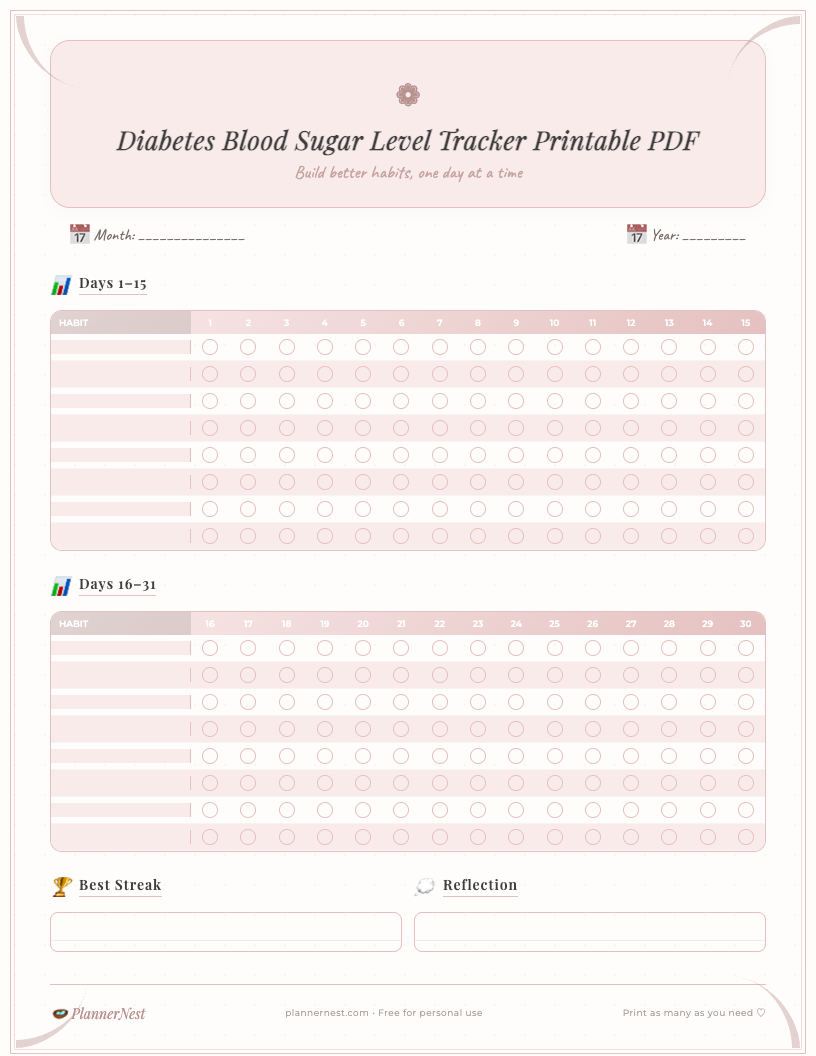 Preview image of a vintage-style free printable Diabetes Blood Sugar Level Tracker PDF template, featuring daily columns for date, time, pre- and post-meal glucose readings, medication, and notes, with a clean, organized layout and subtle decorative elements.