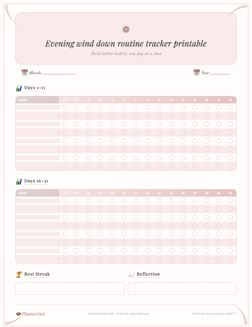 Boho style evening wind down routine tracker printable showing daily checkboxes for routines like 'read', 'stretch', 'tidy', 'journal', and a gratitude section, with subtle floral elements and warm, earthy tones, suitable for ADHD support.
