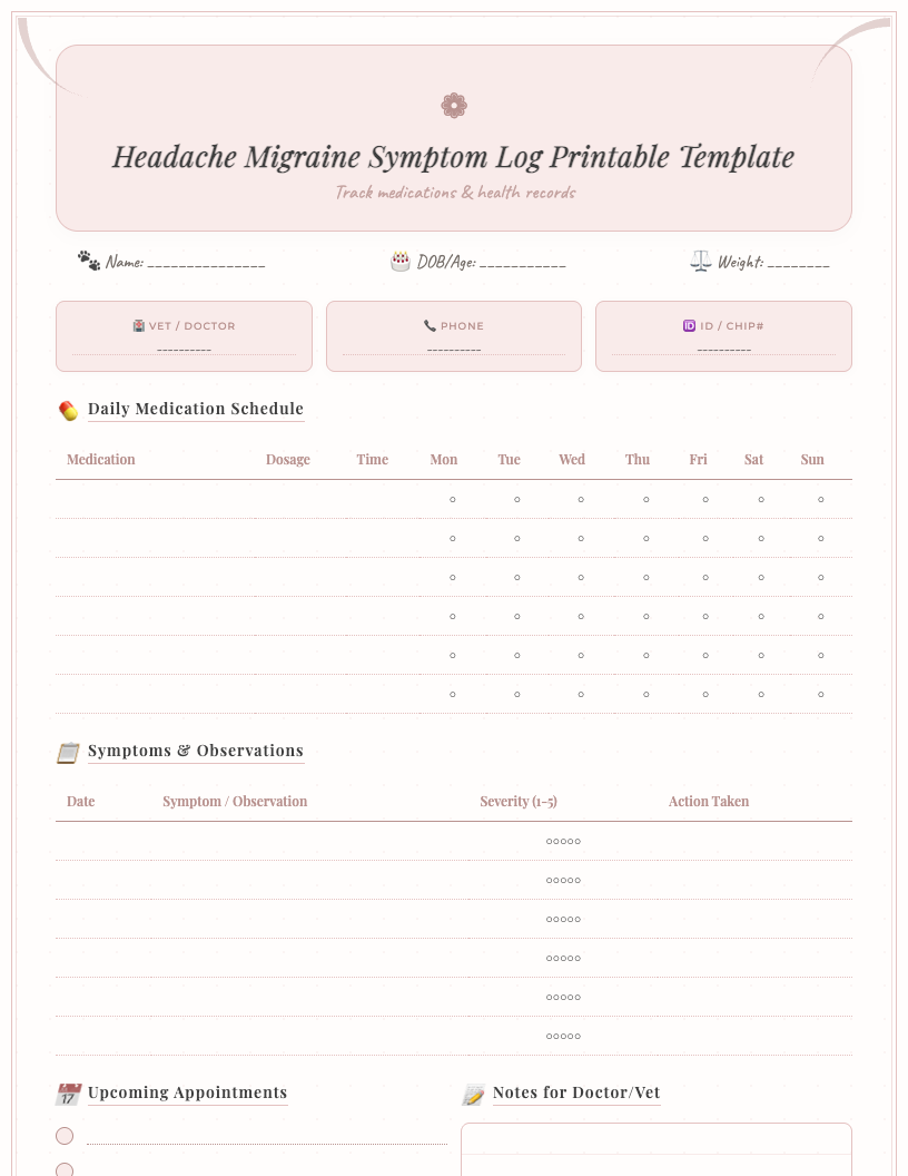 Vintage-style headache migraine symptom log printable template with sections for date, time, pain level, symptoms, triggers, medications, relief, and notes, featuring a subtle aged paper texture and classic typography.