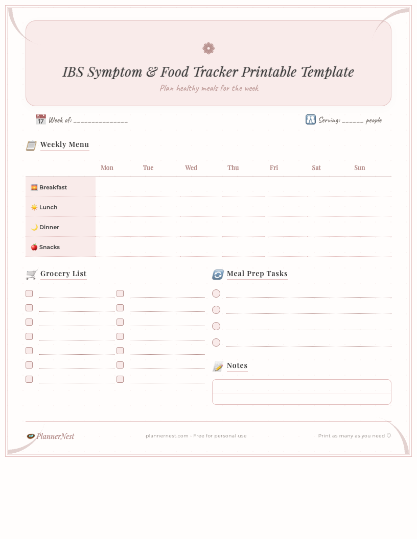 Dark-themed IBS Symptom & Food Tracker printable template showing daily logs for food intake, symptom severity ratings, bowel movements, hydration, stress levels, and dedicated notes sections, designed for clear, structured tracking.
