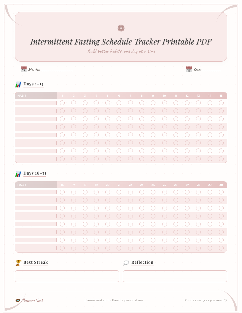 A free printable intermittent fasting schedule tracker PDF with a beautiful floral design, featuring sections for daily fasting and eating windows, water intake, mood, energy levels, and notes, suitable for anyone on their health journey.