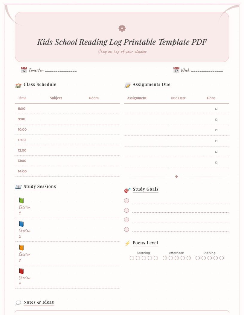 Cute kids school reading log printable showing sections for book title, author, dates started and finished, star ratings, and a dedicated area for notes with playful illustrations and colorful accents. This free PDF template helps children track their reading progress.