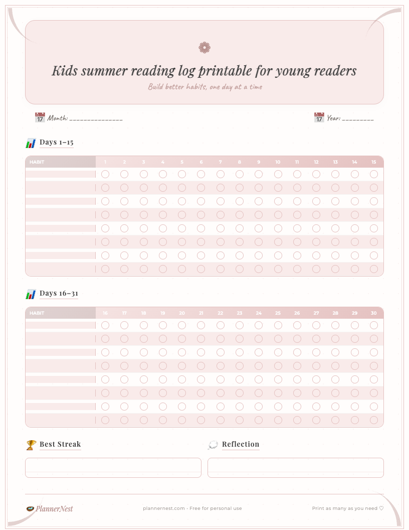 Free printable kids summer reading log in a stylish dark theme with spaces for 10 books, including title, author, date, star ratings, and a visual progress tracker.